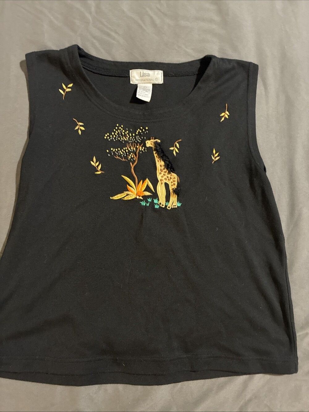 Vintage Lisa International Women's Large Black Tank Embroidered Beaded Giraffe